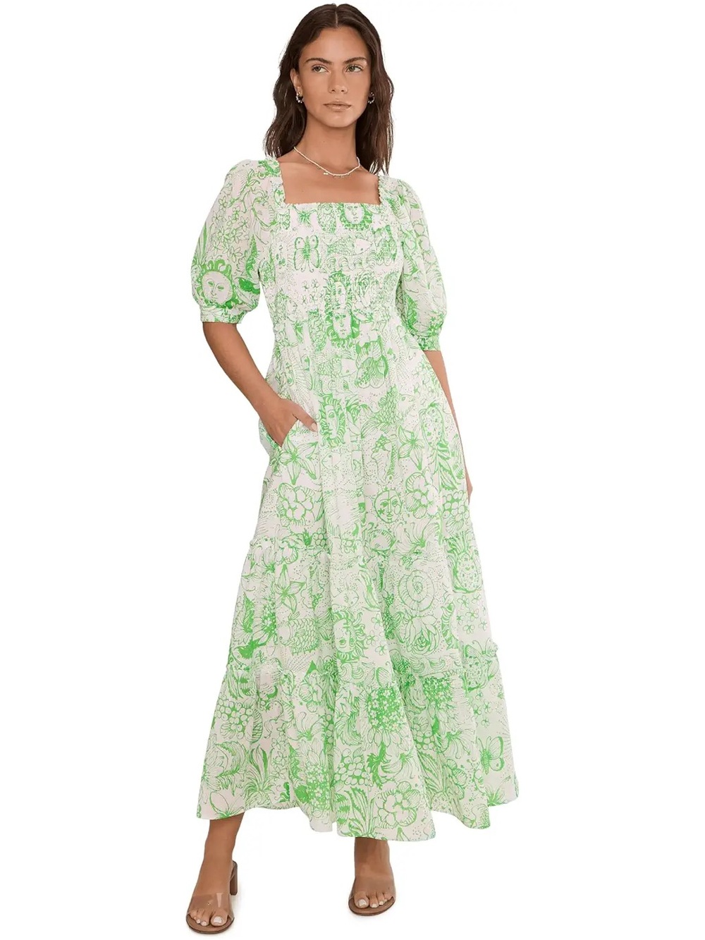 Lilly Pulitzer White and Green Floral Square-Neck Hadly Smocked Maxi Dress